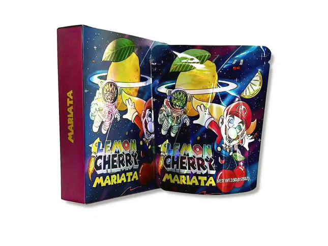 Large mylar bags, herb Mylar Bags, Mylar bag with box, Where to buy mylar bags, Custom mylar bags near me.  Colorful packaging of Lemon Cherry Mariata with cartoon characters and space-themed design.