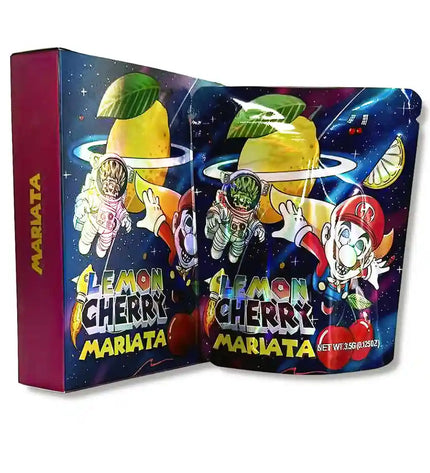 Large mylar bags, herb Mylar Bags, Mylar bag with box, Where to buy mylar bags, Custom mylar bags near me.  Colorful packaging of Lemon Cherry Mariata with cartoon characters and space-themed design.