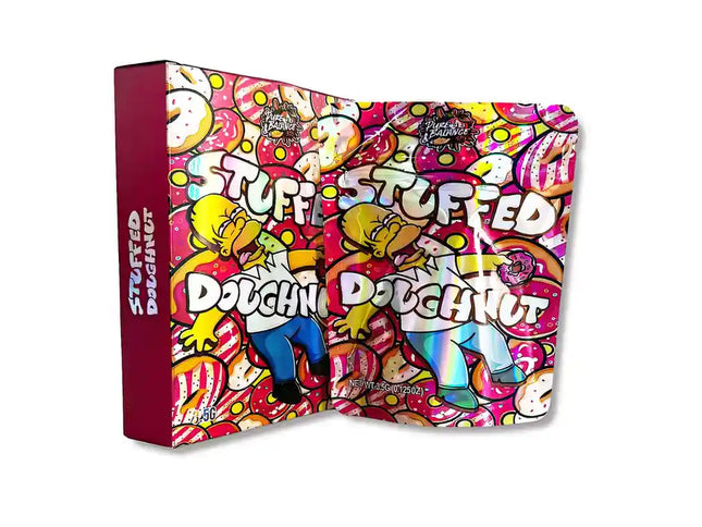 Large mylar bags, herb Mylar Bags, Mylar bag with box, Where to buy mylar bags, Custom mylar bags near me.  Colorful packaging of 'Stuffed Doughnut' with cartoon characters on a white background