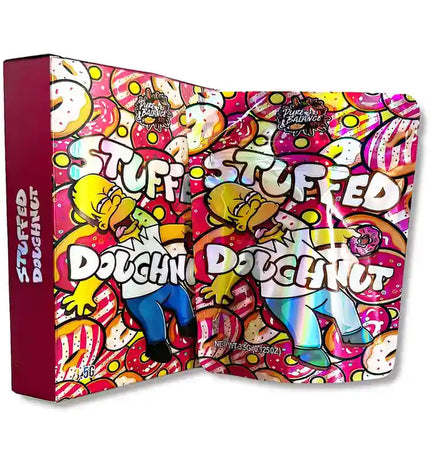 Large mylar bags, herb Mylar Bags, Mylar bag with box, Where to buy mylar bags, Custom mylar bags near me.  Colorful packaging of 'Stuffed Doughnut' with cartoon characters on a white background