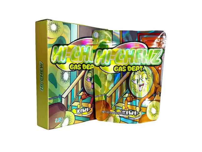 Large mylar bags, herb Mylar Bags, Mylar bag with box, Where to buy mylar bags, Custom mylar bags near me.  Colorful packaging of Hi-Chi-Chenz Gas Dept. with kiwi illustrations on a white background