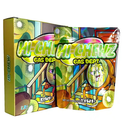 Large mylar bags, herb Mylar Bags, Mylar bag with box, Where to buy mylar bags, Custom mylar bags near me.  Colorful packaging of Hi-Chi-Chenz Gas Dept. with kiwi illustrations on a white background
