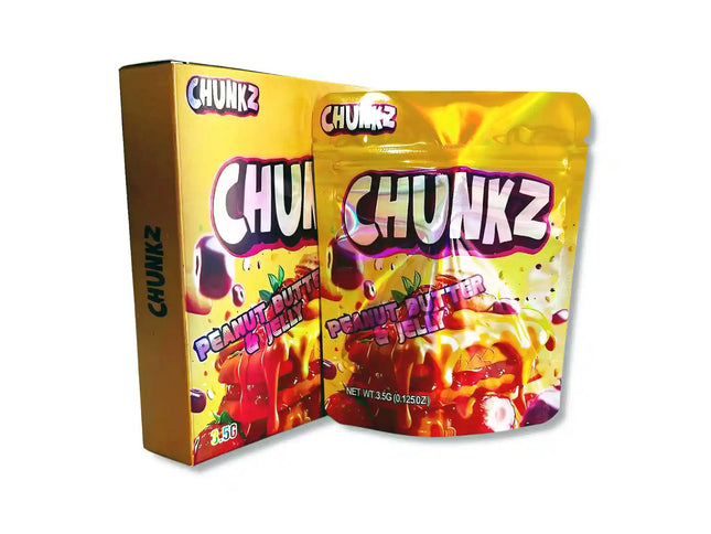 Large mylar bags, herb Mylar Bags, Mylar bag with box, Where to buy mylar bags, Custom mylar bags near me.  Yellow packaging of Chunkz Peanut Butter & Jelly snack with colorful design