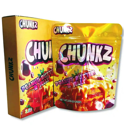 Large mylar bags, herb Mylar Bags, Mylar bag with box, Where to buy mylar bags, Custom mylar bags near me.  Yellow packaging of Chunkz Peanut Butter & Jelly snack with colorful design
