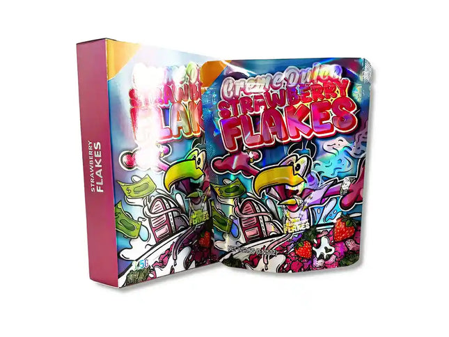 Large mylar bags, herb Mylar Bags, Mylar bag with box, Where to buy mylar bags, Custom mylar bags near me.  Colorful packaging of Cream & Sugar Strawberry Flakes with cartoon characters on a white background