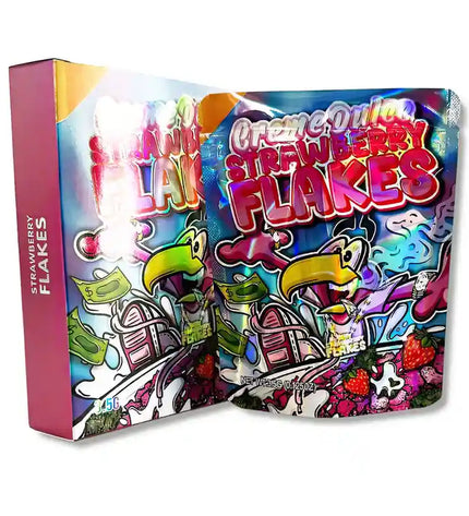 Large mylar bags, herb Mylar Bags, Mylar bag with box, Where to buy mylar bags, Custom mylar bags near me.  Colorful packaging of Cream & Sugar Strawberry Flakes with cartoon characters on a white background