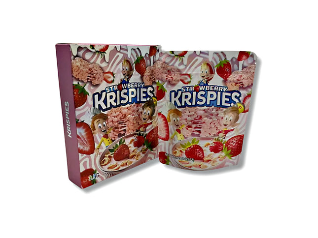 Mylar bags with box, herb Mylar Bags, Where to buy mylar bags, Custom mylar bags near me, Mylar Bags Wholesale. Two Strawberry Krispies cereal packages on a white background