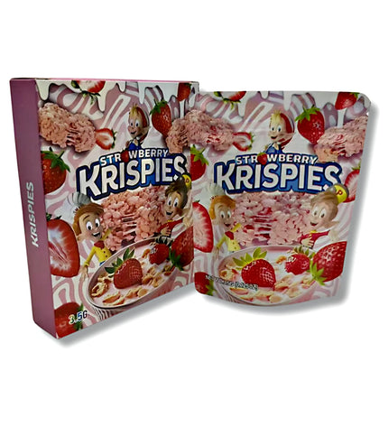 Mylar bags with box, herb Mylar Bags, Where to buy mylar bags, Custom mylar bags near me, Mylar Bags Wholesale. Two Strawberry Krispies cereal packages on a white background