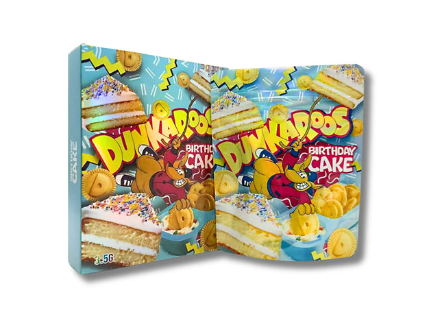 Mylar bags with box, herb Mylar Bags, Where to buy mylar bags, Custom mylar bags near me, Mylar Bags Wholesale. Dunkaroos Birthday Cake toy packaging with cartoon characters and cake graphics.