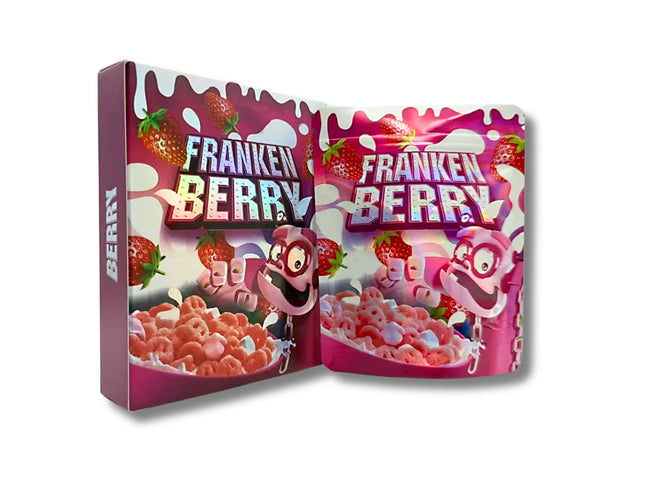 Mylar bags with box, herb Mylar Bags, Where to buy mylar bags, Custom mylar bags near me, Mylar Bags Wholesale. Open packaging of Franken Berry cereal with colorful design and cartoon characters.