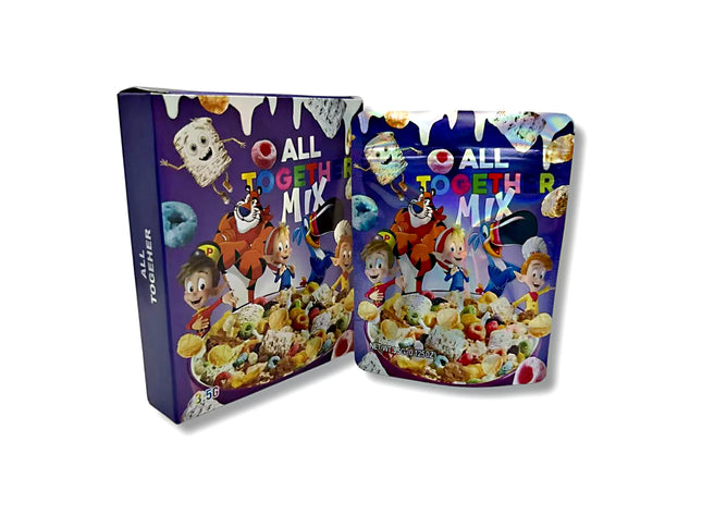 Mylar bags with box, herb Mylar Bags, Where to buy mylar bags, Custom mylar bags near me, Mylar Bags Wholesale. Two packages of 'All Together Mix' cereal with colorful characters and text on a white background.