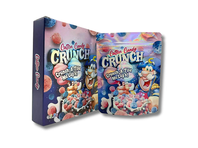 Mylar bags with box, herb Mylar Bags, Where to buy mylar bags, Custom mylar bags near me, Mylar Bags Wholesale. Cotton Candy Crunch candy packaging with colorful design and cartoon characters.