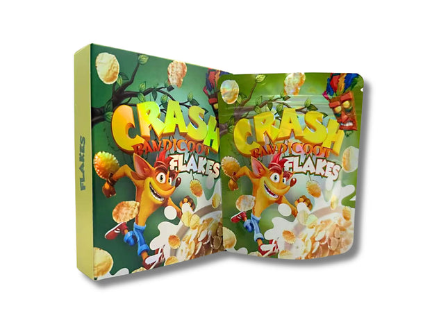Mylar bags with box, herb Mylar Bags, Where to buy mylar bags, Custom mylar bags near me, Mylar Bags Wholesale. Crash Bandicoot Flakes cereal box with cartoon character on a white background
