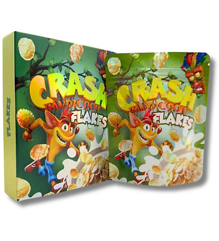 Mylar bags with box, herb Mylar Bags, Where to buy mylar bags, Custom mylar bags near me, Mylar Bags Wholesale. Crash Bandicoot Flakes cereal box with cartoon character on a white background