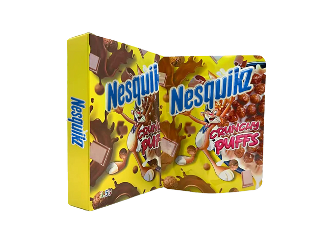 Mylar Bag Nesquik Crunchy Puffs cereal box packaging on a white background
