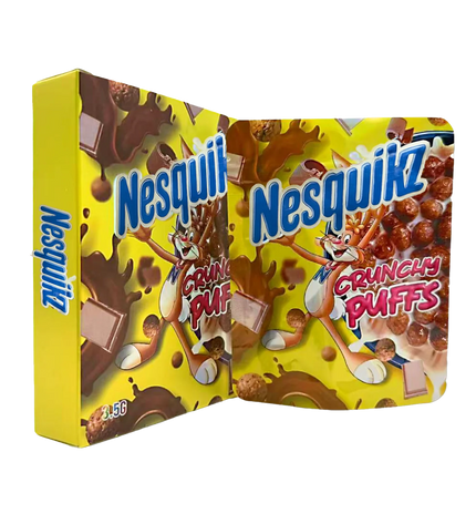 Mylar Bag Nesquik Crunchy Puffs cereal box packaging on a white background