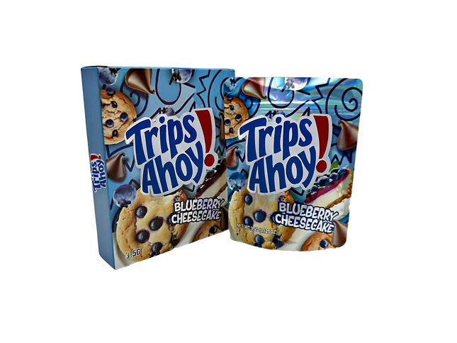Two Mylar Bags packages of Trips Ahoy Blueberry Cheesecake flavor on a white background