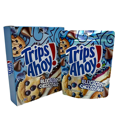 Two Mylar Bags packages of Trips Ahoy Blueberry Cheesecake flavor on a white background