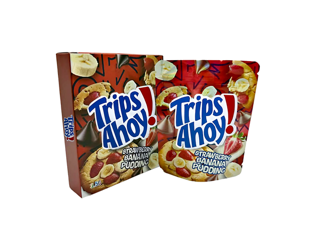 Two Mylar Bags  packages of Trips Ahoy! Strawberry Banana Pudding on a white background