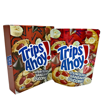 Two Mylar Bags  packages of Trips Ahoy! Strawberry Banana Pudding on a white background