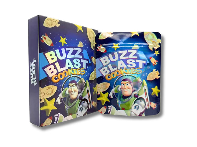 Mylar bags with box, herb Mylar Bags, Where to buy mylar bags, Custom mylar bags near me, Mylar Bags Wholesale. Buzz Blast Cookies packaging with Buzz Lightyear design on a white background