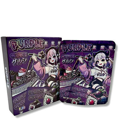 Mylar bags with box, herb Mylar Bags, Where to buy mylar bags, Custom mylar bags near me, Mylar Bags Wholesale. Two purple boxes with cartoon character design on a white background