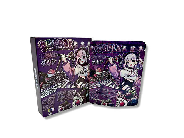 Mylar bags with box, herb Mylar Bags, Where to buy mylar bags, Custom mylar bags near me, Mylar Bags Wholesale. Two purple boxes with cartoon character design on a white background