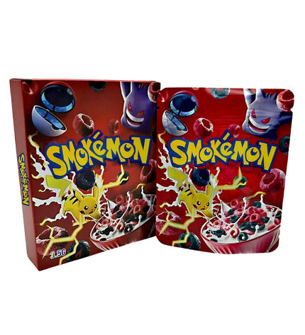 Mylar Bag Pokémon cereal boxes with colorful design and character illustrations on a white background