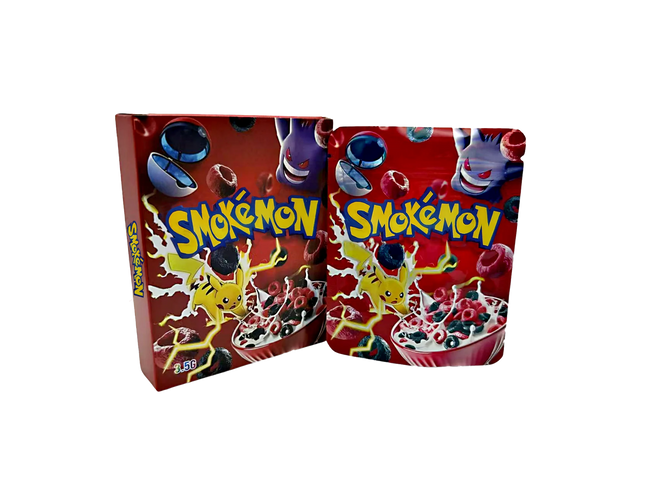 Mylar Bag Pokémon cereal boxes with colorful design and character illustrations on a white background