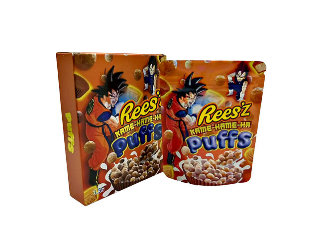 Two Mylar Bag packages of Rees' Kame-Hame-Ha Puffs featuring a character from Dragon Ball Z on a white background.