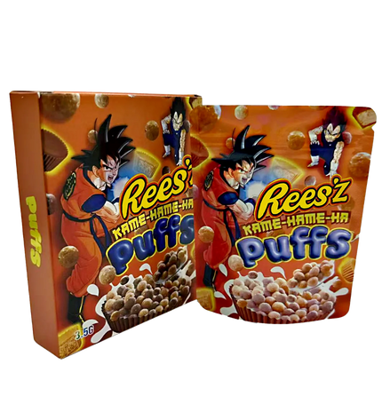 Two Mylar Bag packages of Rees' Kame-Hame-Ha Puffs featuring a character from Dragon Ball Z on a white background.