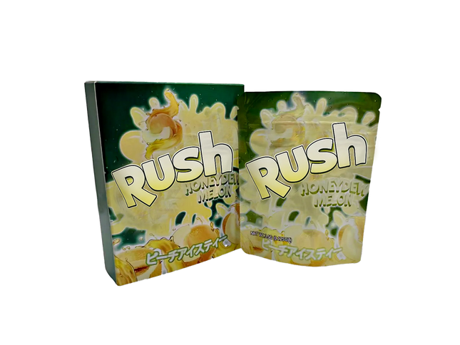 Two Mylar Bag packages of Rush Honeydew Melon candy on a white background