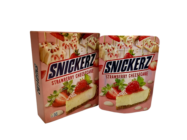 Mylar Bag Snickerz Strawberry Cheesecake packaging on a white background
