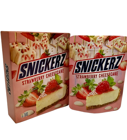Mylar Bag Snickerz Strawberry Cheesecake packaging on a white background