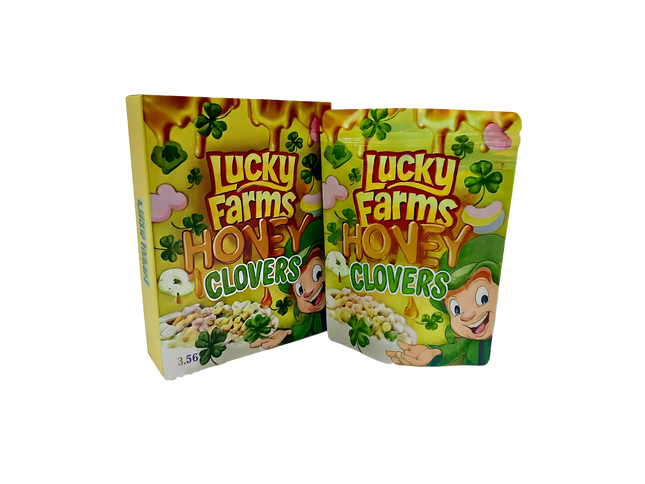 Two Mylar Bag packages of Lucky Farms Honey Clovers on a white background