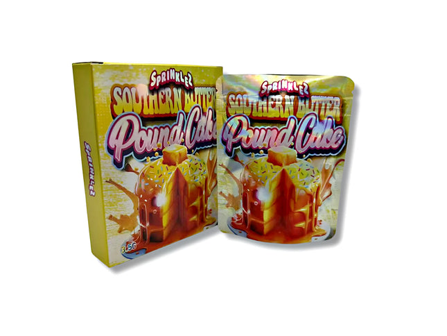 Mylar bags with box, herb Mylar Bags, Where to buy mylar bags, Custom mylar bags near me, Mylar Bags Wholesale. Two packages of Southern Butter Pound Cake with a yellow box and white bag on a white background.