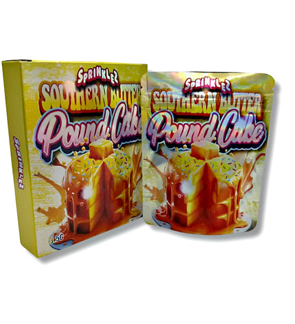 Mylar bags with box, herb Mylar Bags, Where to buy mylar bags, Custom mylar bags near me, Mylar Bags Wholesale. Two packages of Southern Butter Pound Cake with a yellow box and white bag on a white background.
