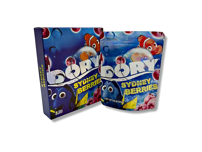 Mylar bags with box, herb Mylar Bags, Where to buy mylar bags, Custom mylar bags near me, Mylar Bags Wholesale. Dory Sydney Berries packaging with character design on a white background