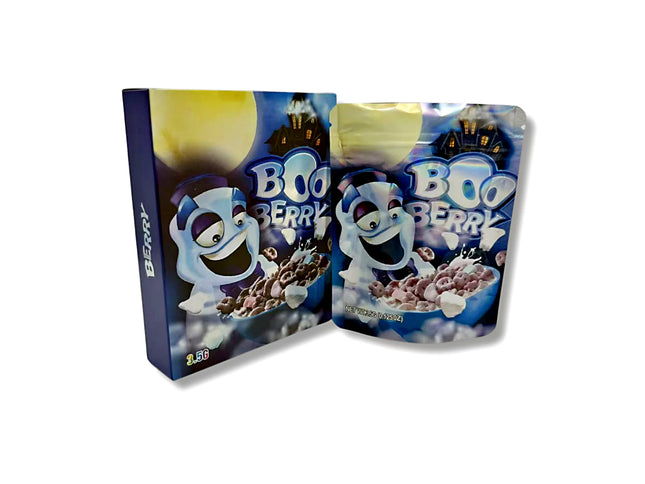 Mylar bags with box, herb Mylar Bags, Where to buy mylar bags, Custom mylar bags near me, Mylar Bags Wholesale. Boo Berry cereal box and packaging on a white background