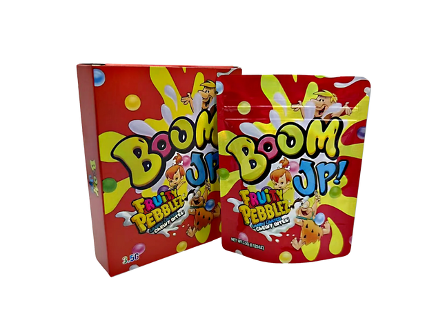 Mylar Bag Boom JP Fruity Pebbles candy box and bag on a white background