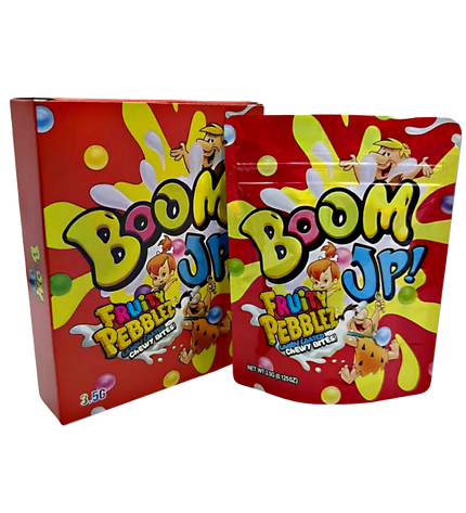 Mylar Bag Boom JP Fruity Pebbles candy box and bag on a white background