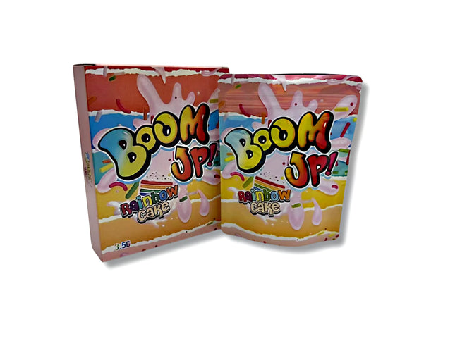 Mylar bags with box, herb Mylar Bags, Where to buy mylar bags, Custom mylar bags near me, Mylar Bags Wholesale. Two packages of Boom Up! Rainbow Cake candy on a white background