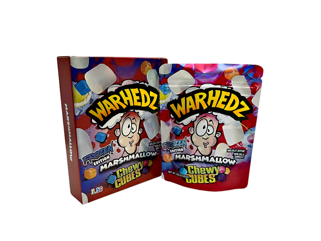 Two Mylar Bag packages of Warhedz chewy cubes with colorful packaging on a white background