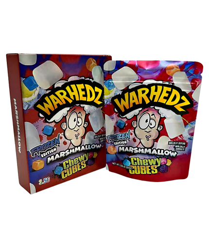Two Mylar Bag packages of Warhedz chewy cubes with colorful packaging on a white background