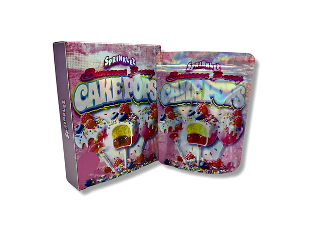 Mylar bags with box, herb Mylar Bags, Where to buy mylar bags, Custom mylar bags near me, Mylar Bags Wholesale. Sprinkles Cake Pops packaging on a white background