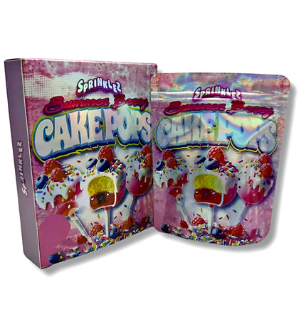 Mylar bags with box, herb Mylar Bags, Where to buy mylar bags, Custom mylar bags near me, Mylar Bags Wholesale. Sprinkles Cake Pops packaging on a white background