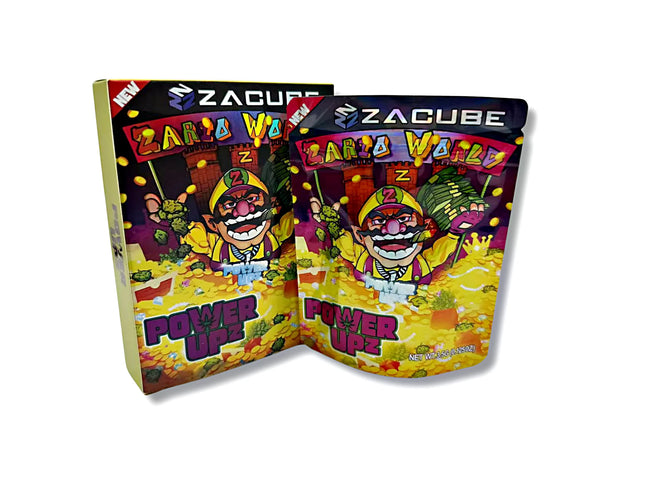 Mylar bags with box, herb Mylar Bags, Where to buy mylar bags, Custom mylar bags near me, Mylar Bags Wholesale. Zacube 'Power Upz' candy packaging with colorful design and character illustration.