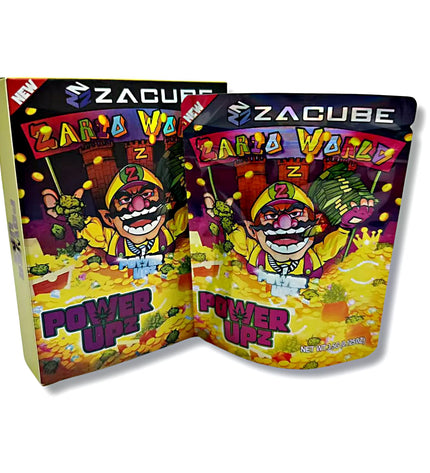 Mylar bags with box, herb Mylar Bags, Where to buy mylar bags, Custom mylar bags near me, Mylar Bags Wholesale. Zacube 'Power Upz' candy packaging with colorful design and character illustration.
