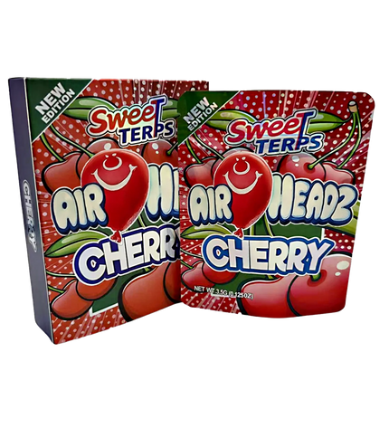 Two Mylar Bag packages of Sweet Terps Air Headz Cherry candy on a white background