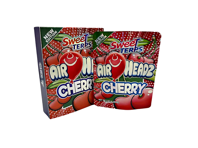 Two Mylar Bag packages of Sweet Terps Air Headz Cherry candy on a white background